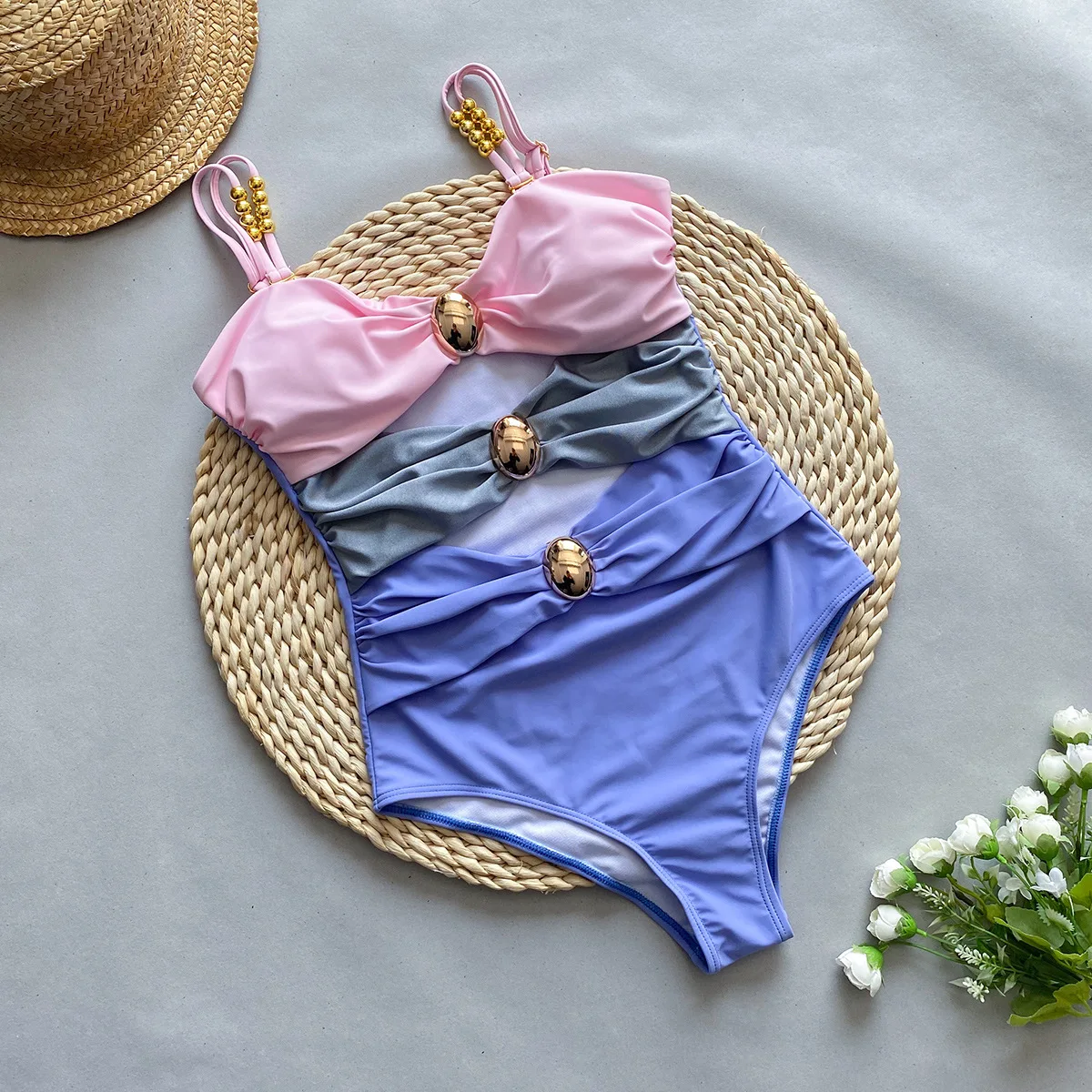

Vintage Bandeau One Piece Swimsuit Women Metal Button Cut Out Pleate Skirt Set 2024 Summer Pink Patchwork Bathing Suit Swimwear