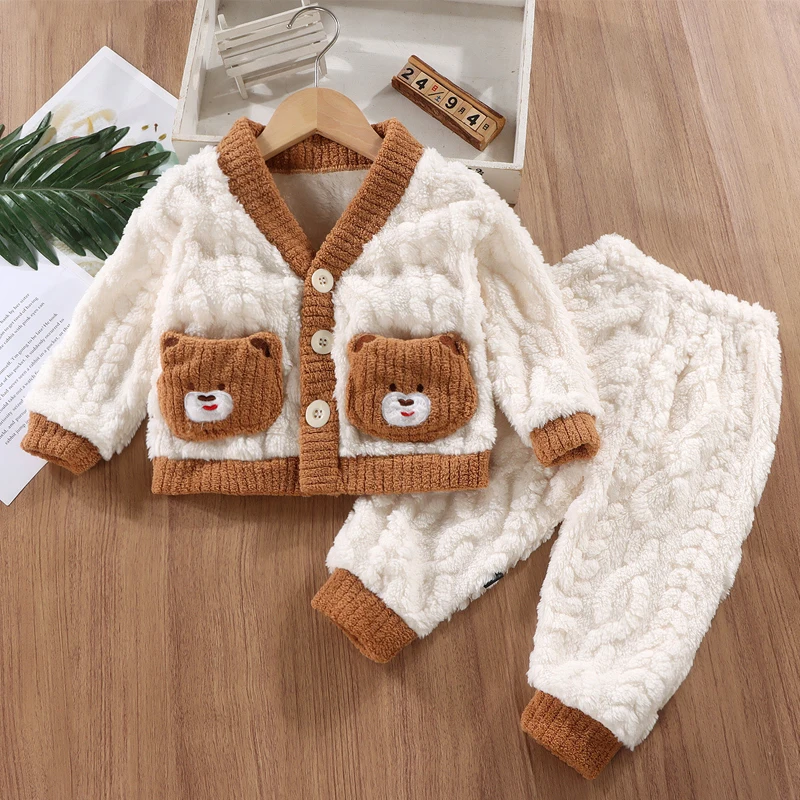 Suit autumn and winter plush warm Korean version boys and girls aged 0-9 sweet and lovely home clothes fashion children clothing