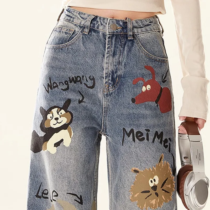 WTHT Mode Cartoon Print Ontwerp Rechte Denim Broek Voor Vrouwen 2025, Zomer Hoge Taille Wijde Pijpen Jeans Vrouwelijke Trendy 1LS1901