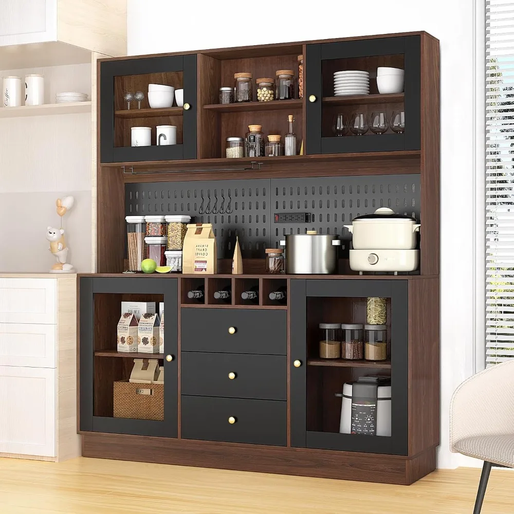 

"Standalone Buffet Hutch with Pegboard, Cup Holder, Power Outlet, Four Doors and Three Drawers Pantry Cabinet"