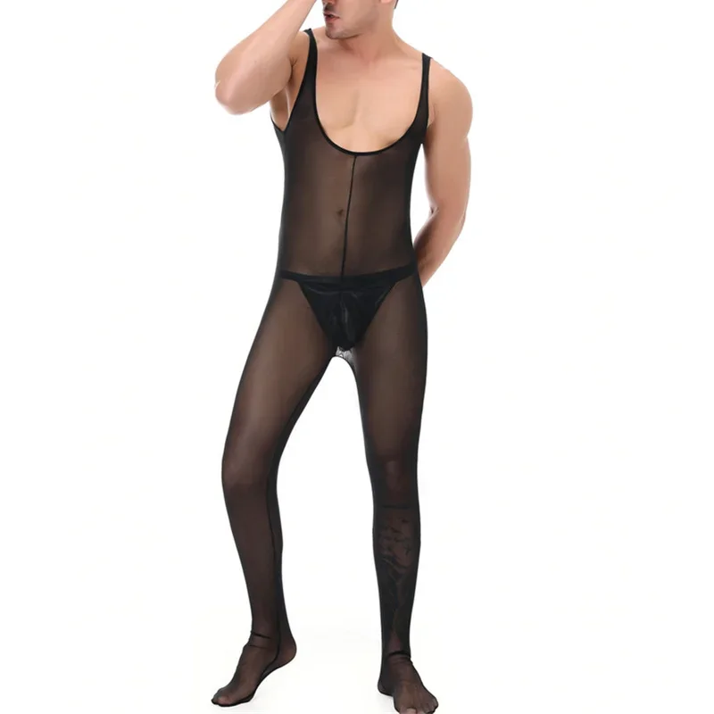 Canottiere da uomo sexy Maglia trasparente Pagliaccetti interi Body Gay Fetish Lingerie Tuta intera Body senza maniche Indumenti da notte