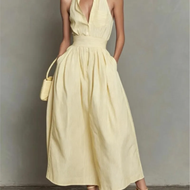 Französisches Elegantes Maxikleid mit Reverskragen und Knöpfen für Damen, Frühling, Einfarbig, Hohe Geraffte Taille, Langes Kleid, Sommer, Ärmellos, Locker, Boho-Stil