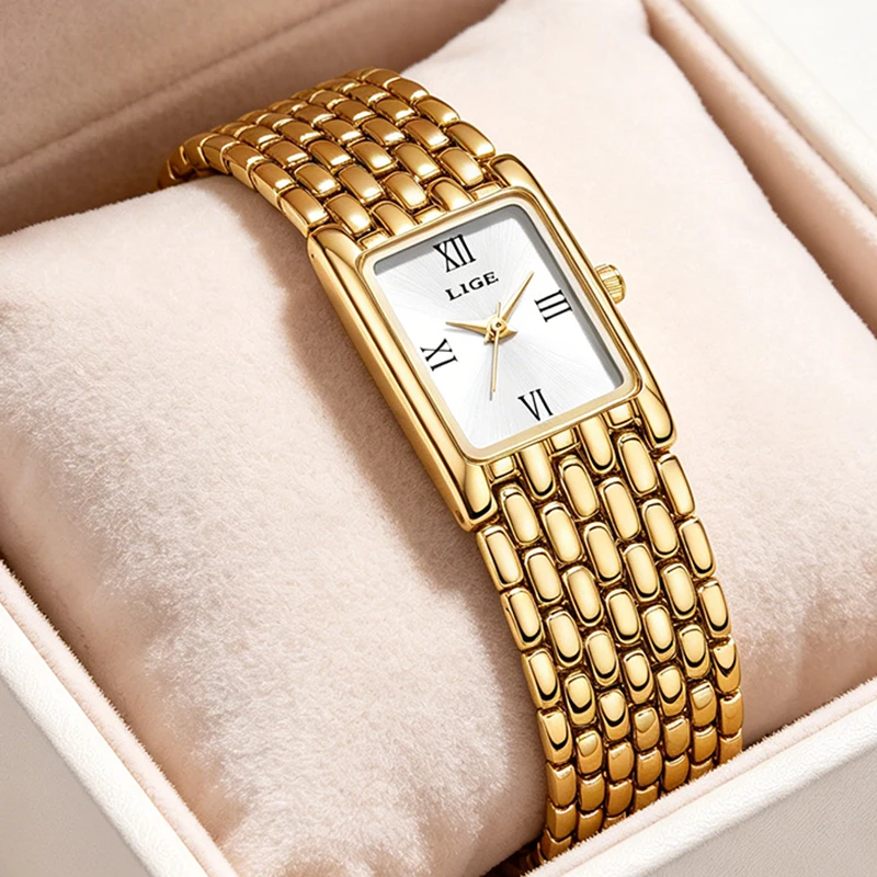 LIGE Watch For Women Elegant Fashion Square Gold Roman Numerical Dial Waterproof Women's Quartz Wristwatches Relogio Feminino