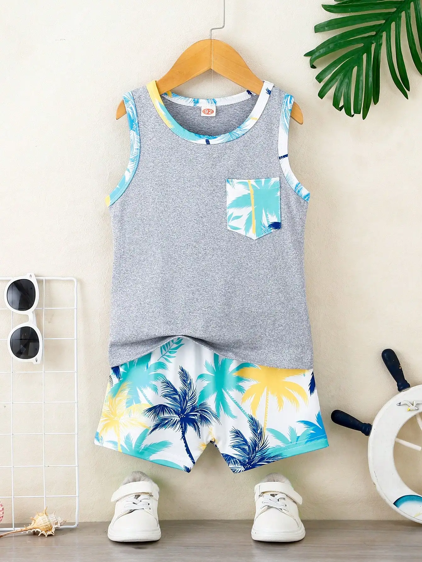 Summer Baby Boys Clothing Set Grey Sleeveless Tank Top with Palm Leaf Pocket & Tropical Palm Tree Print Shorts 2Pcs Casual Playw