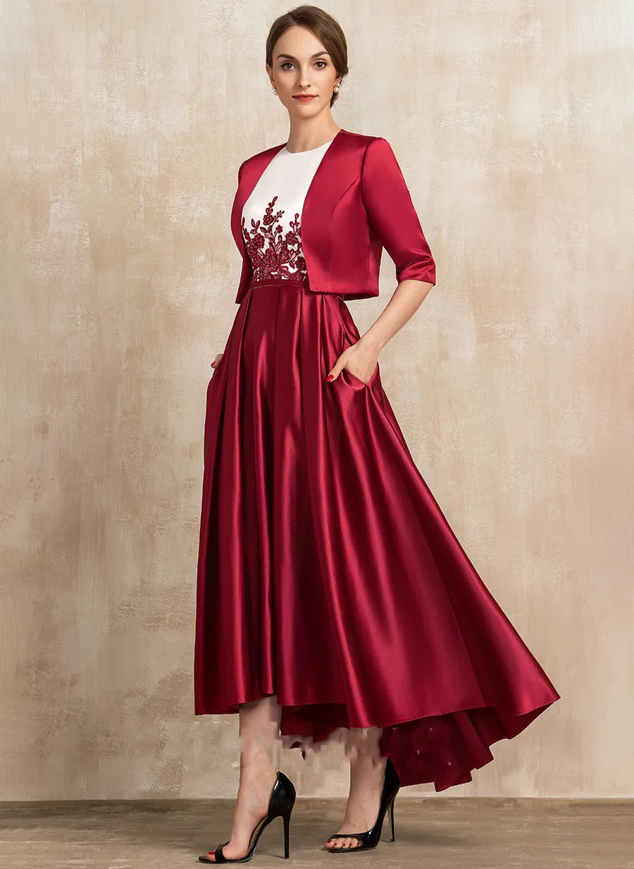 

Red A-Line Satin Applique Mother of The Bride Dress Two-Piece Jacket Ankle-Length Zip Evening Prom Gown Women Guest For Wedding