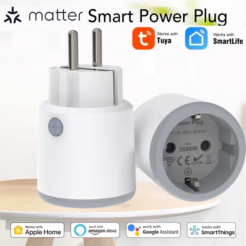 Tuya Matter Smart Plug Wi-Fi Socket 16A EU Smart Timer Outlet Power Monitor No Hub Required Work with Google Home Alexa Homekit