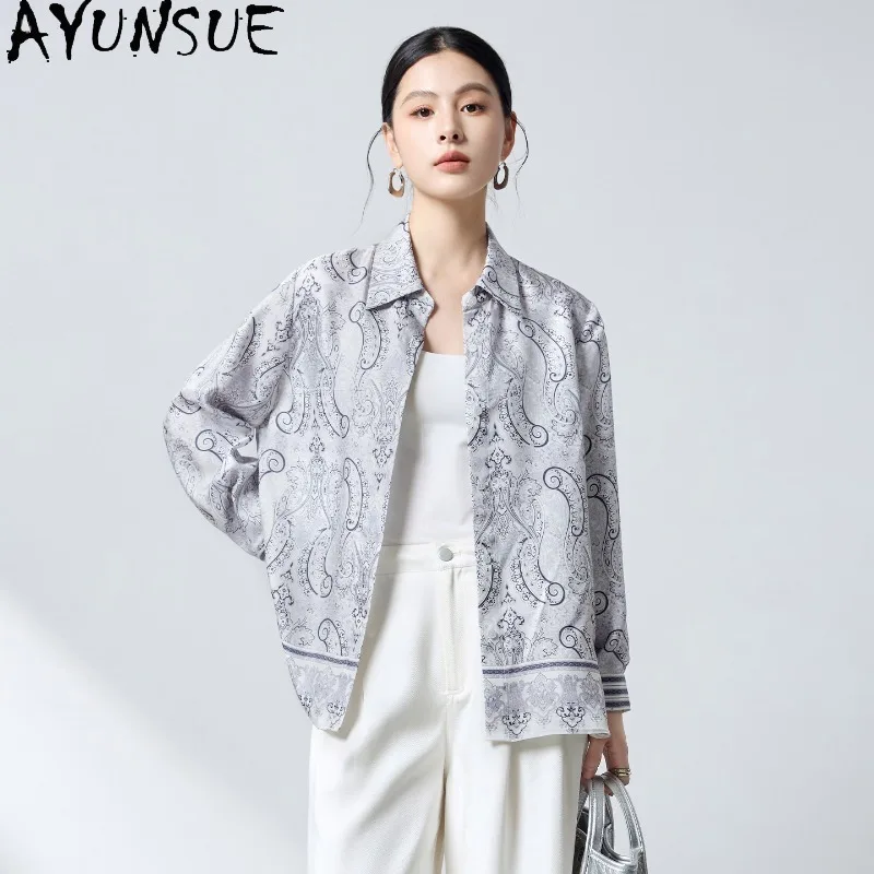 

AYUNSUE 100% Silk Women's Blouses and Shirts Lapel Long Sleeve Tops for Woman Loose Casual Blouse Woman Clothes Блузка Женская