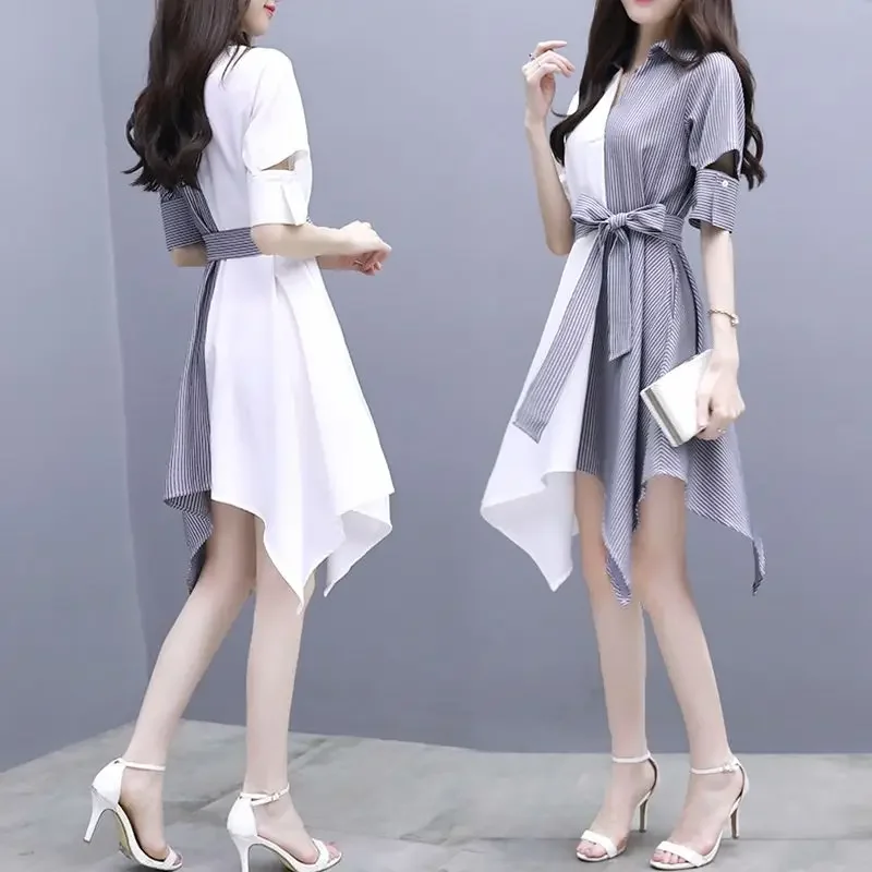 

Fashion Striped Spliced Bandage Bow Asymmetrical Casual Dresses Women Clothing 2024 Loose Korean Irregular Mini Dress CY412