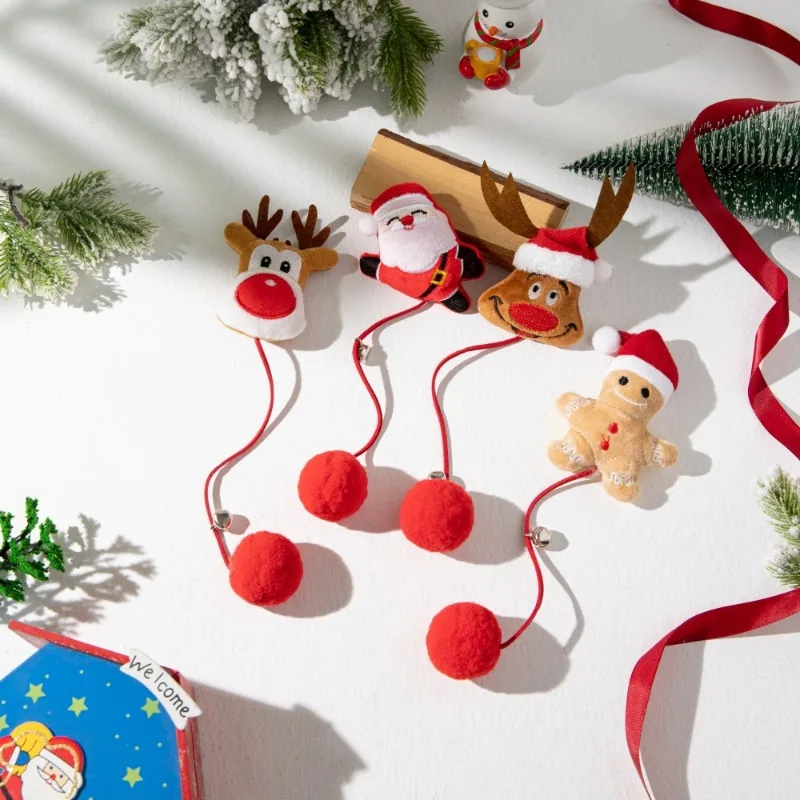 Christmas Cat Toy Fluffy Ball Doll with Bell Interactive Relieve Boredom Cat Toy Pet Supplies Santa Claus Milu Deer Cat Toy