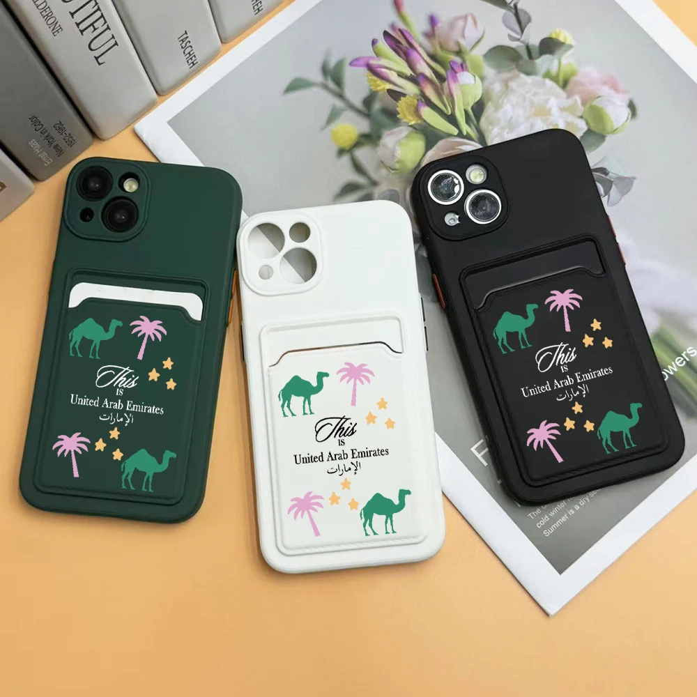 Étui de téléphone de luxe en silicone AMP Tree Camel Wallet Card, Emirats aniques Unis, iPhone 13Pro, 12, 14 Plus, 15 Pro Max, 16Pro