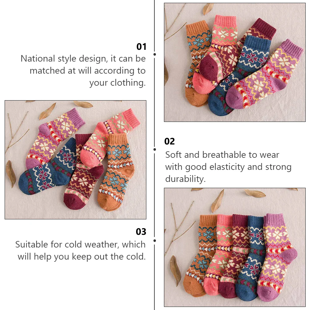 

5 Pairs Warm Wool Socks Mid Calf Length Vintage Style Durable Women Winter Stockings Christmas Gift Short Socks