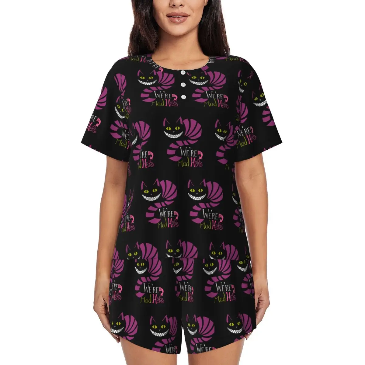 

Women Alice In Wonderland Cheshire Cat Pajamas Set Custom Print Short Sleeve Sleepwear Loungewear Pjs 2 Piece Sets