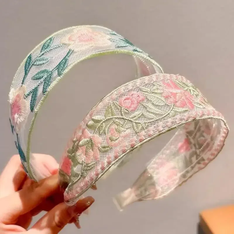 우아한 시폰 자수 꽃 머리띠 – 달콤한 꽃무늬 머리 스카프 헤어 타이 여성 패션 헤어 액세서리