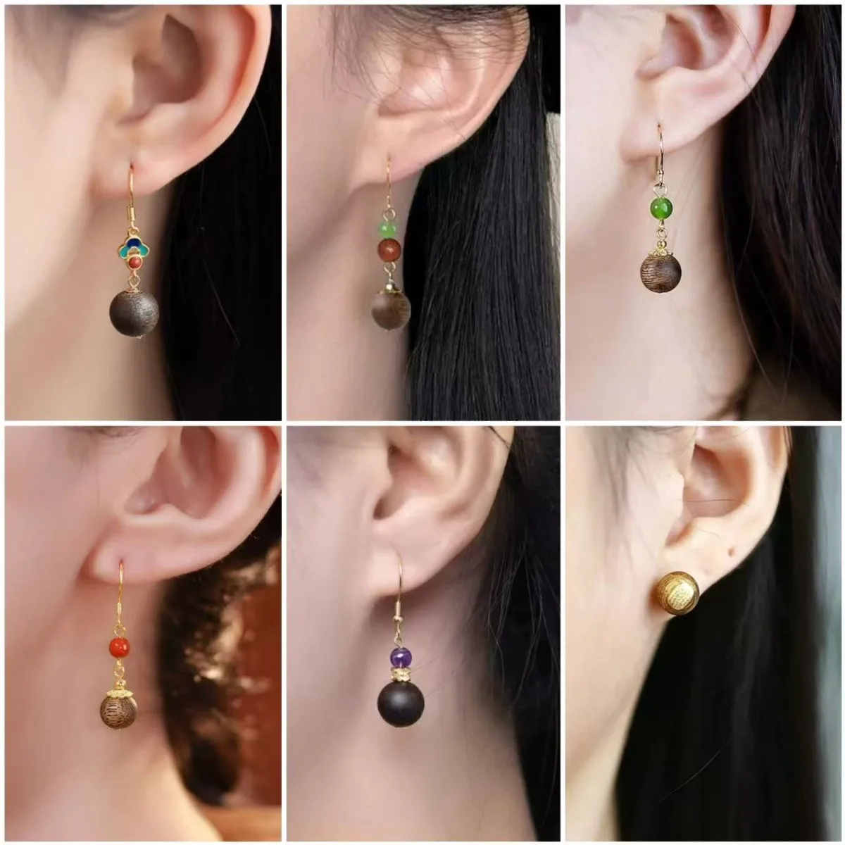 Ethnic Chinese Natural Agarwood Bead Earrings for Women Retro Court Style Unique Wood Grain Elegant Fragrance Charm Jewelry Clip