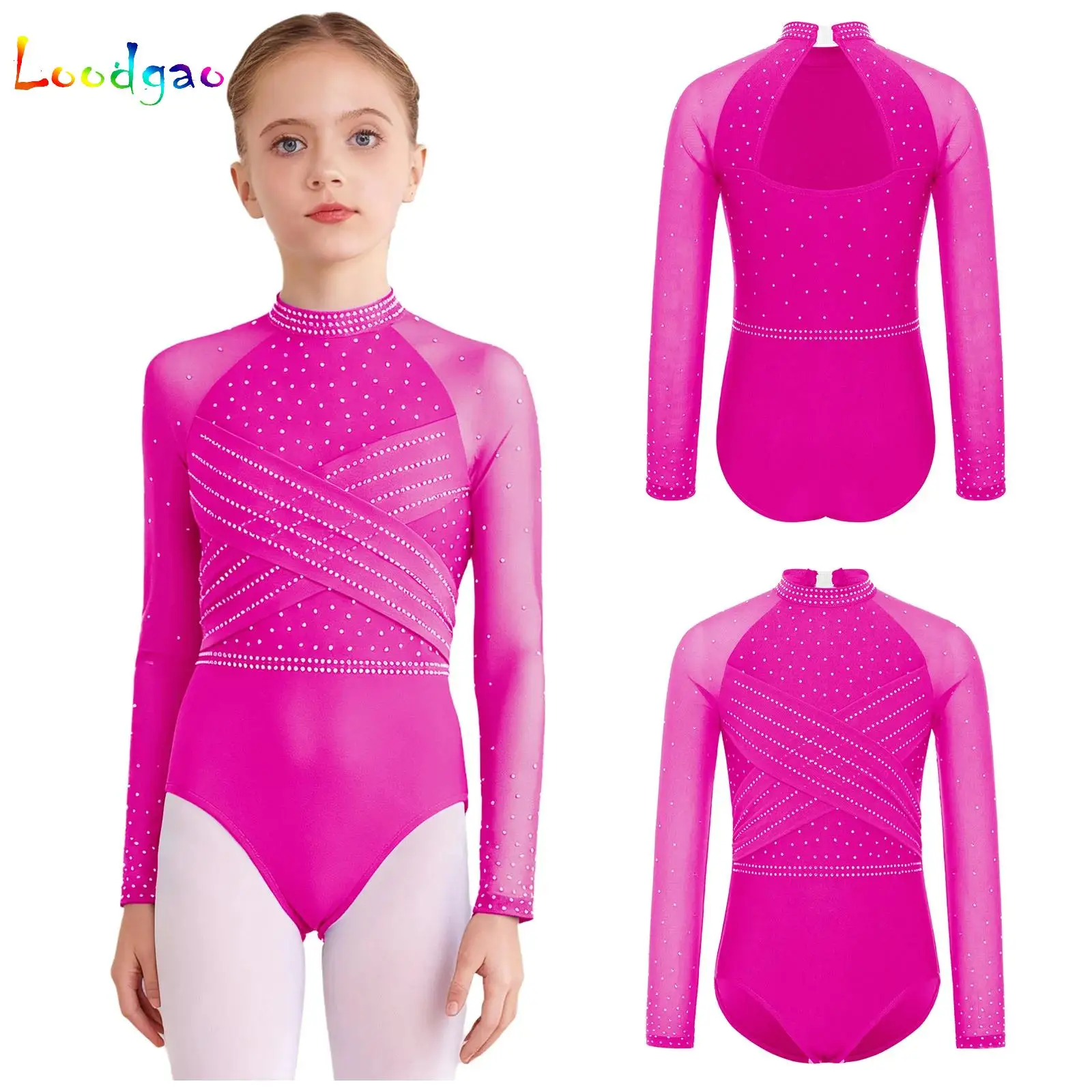 

Kids Cross Cutout Back Bodysuit Girls Gymnastics Leotard Shiny Rhinestones Ballerina Dance Costume Long Sleeve Athletics Costume