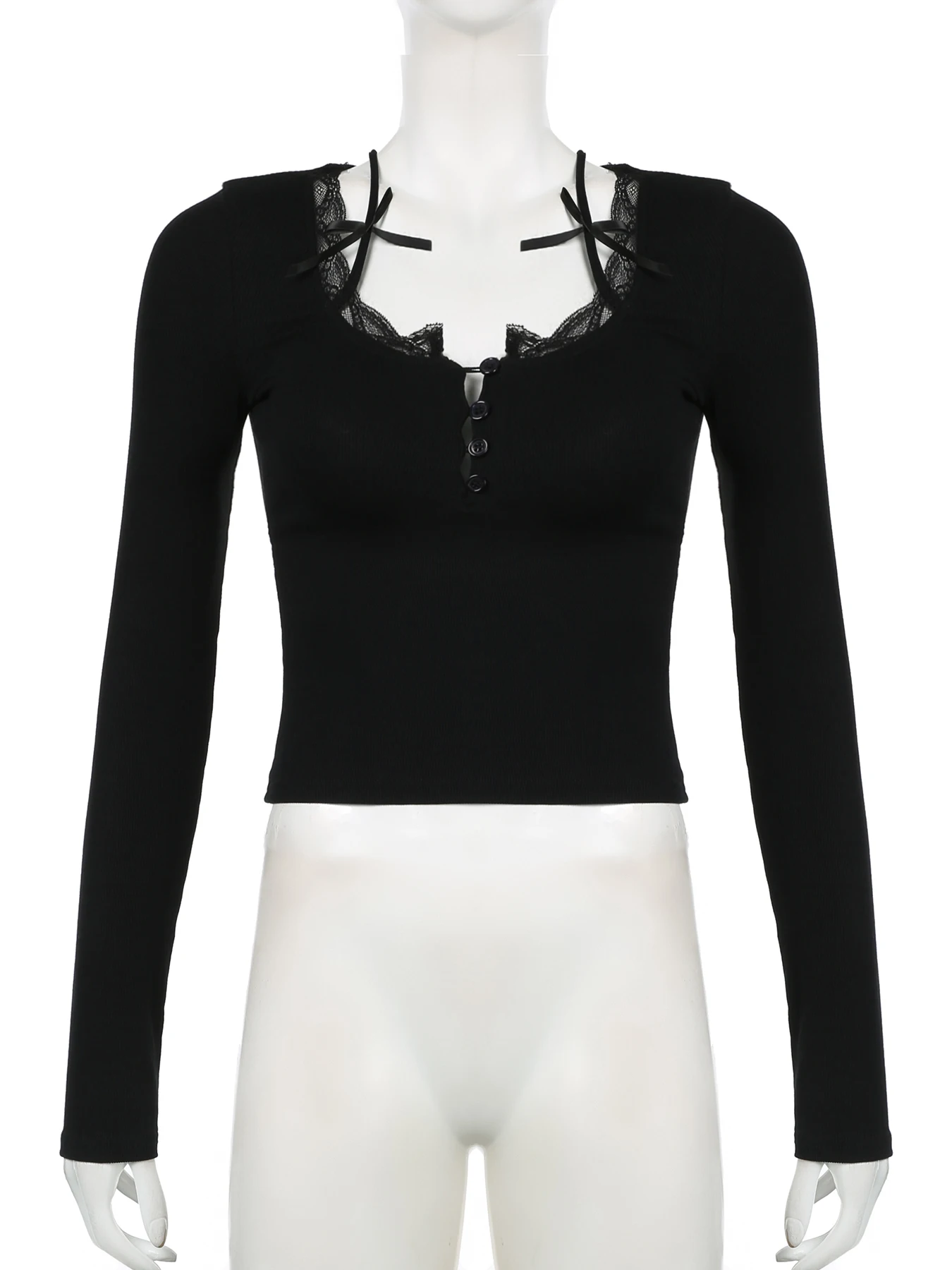 สีดําเสื้อลําลองลูกไม้Trim Halter Tเสื้อSlimสแควร์คอยาวแขนยาวTeesผู้หญิง 2025 ฤดูใบไม้ร่วงฤดูใบไม้ผลิแฟชั่นStreetwear