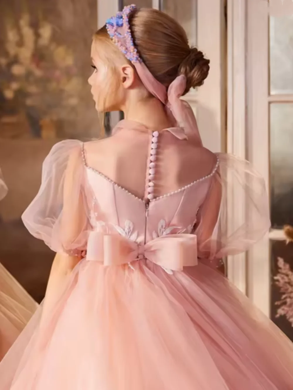 Pink Pearls Puff Sleeve Girls Dress Charming Sweet Lace Appliques Princess Gown for Banquet Party Kids Birthday Clothes