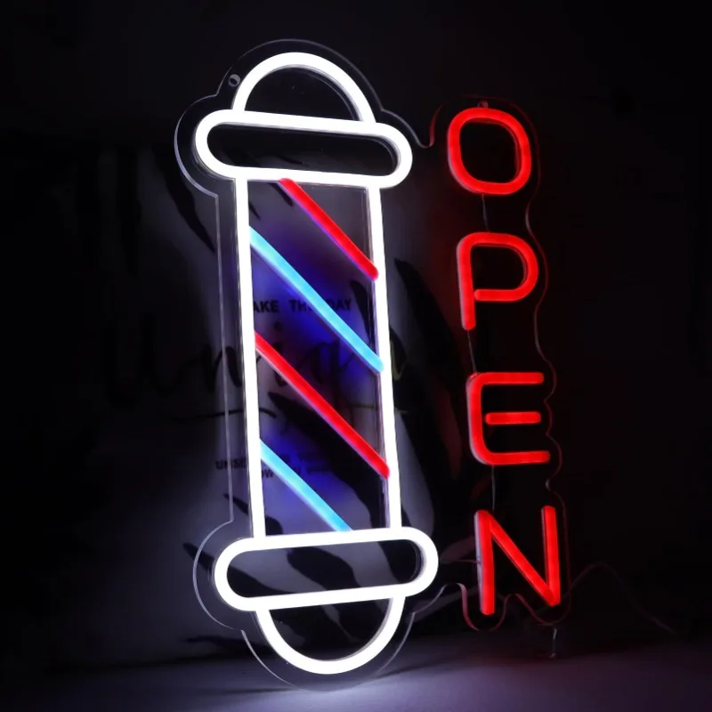 Open Neonlichten Voor Slaapkamer Led Kapperszaken Kapsalon Kunst Uniek Cadeau Voor Kapper 10.2*16.1 Inch (Rood + Blauw + Wit)