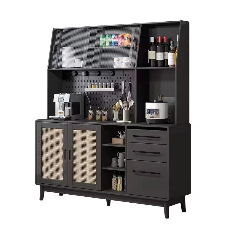 

Modern solid wood high cabinet integrated wall-mounted storage board rattan black wine tea cabinet living