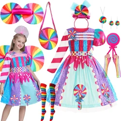 Girls Purim Dress Lollipop Fantasy Dresses Children Carnival Rainbow Candy Princess Costume Birthday Party