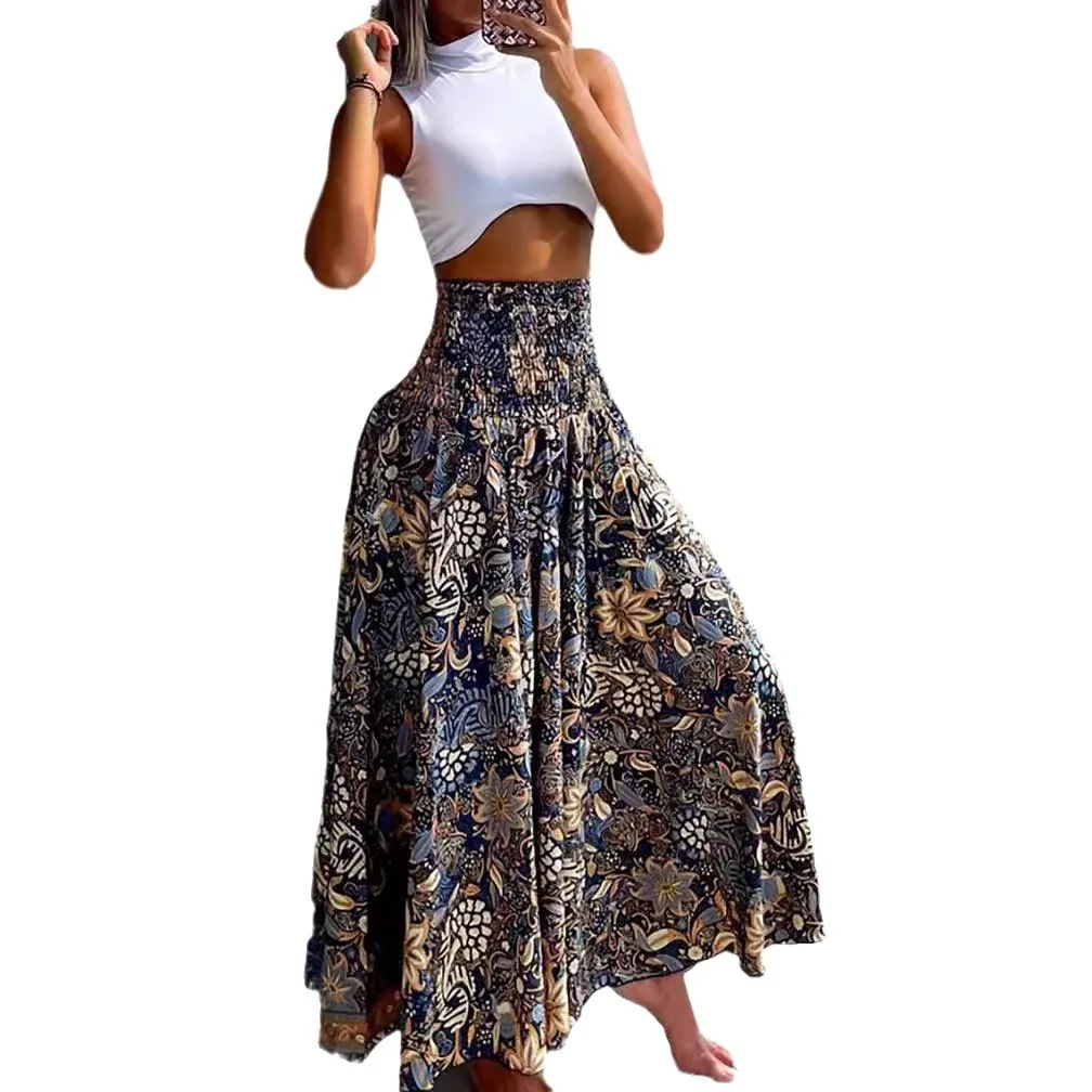 Elastic High Waist Print Boho Skirt For Women Casual Holiday Beach Dress 2024 Summer Female Sexy Strapless Long Dress