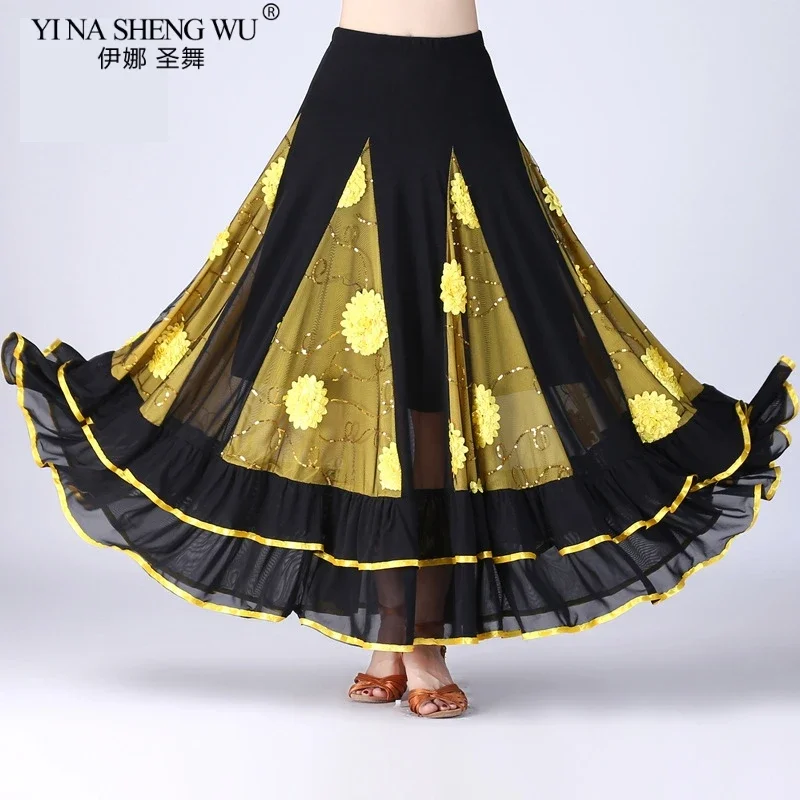 Nuevo traje de baile moderno para mujer, falda de baile de salón de vals Flamenco, faldas espanas de columpio grande en capas de competición clásica