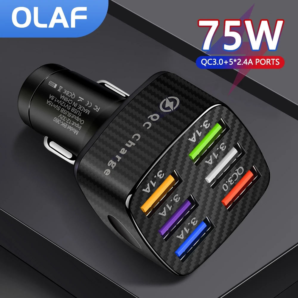 OLAF 6 USB Car Charger 75W Fast Charging Phone Adapter in Car 15A For iPhone 13 12 Pro Xiaomi Huawei Samsung Car Quick Charge