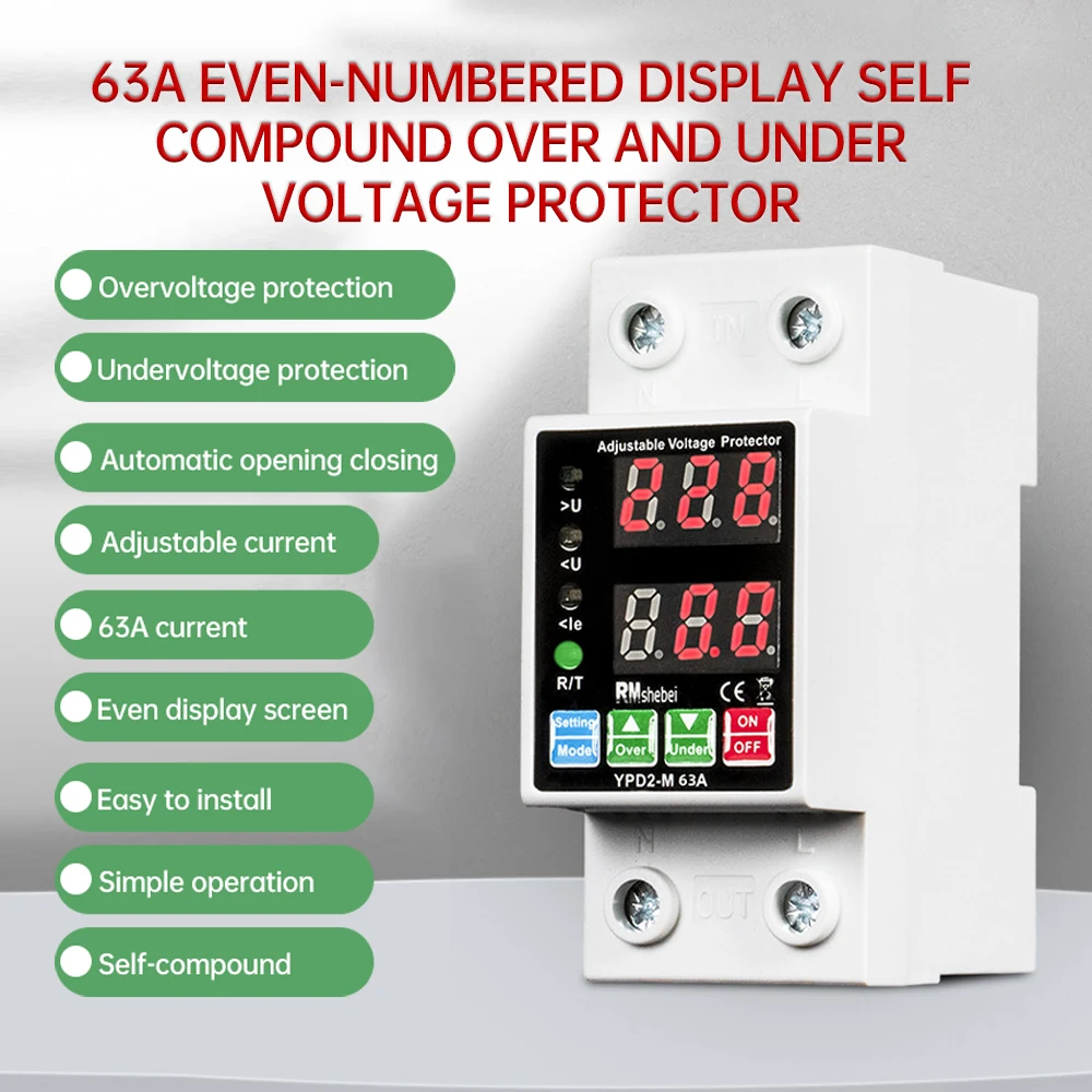 

Self-repeating Over-Undervoltage Overcurrent Overload Adjustable Voltage Ammeter AC 220V Delay Voltage Protection Switch 40A/63A