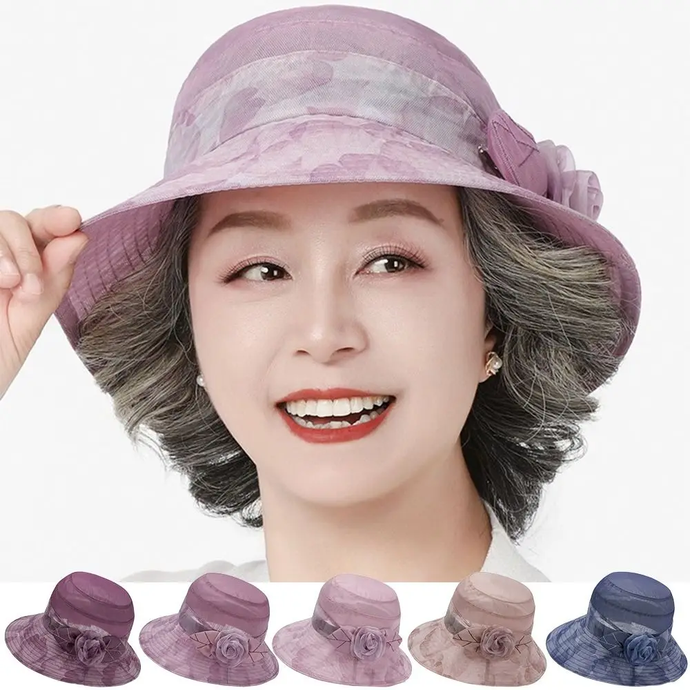 قبعة شمس أنيقة على شكل زهرة من الأورجانزا قابلة للتنفس في منتصف العمر قبعة صياد قابلة للطي بحافة واسعة وحوض رفيع