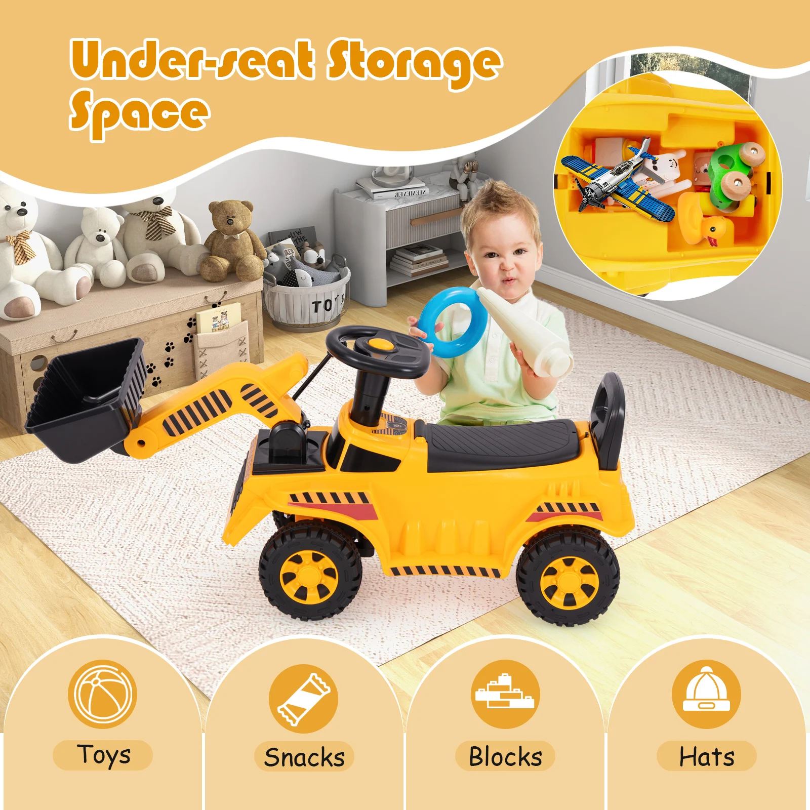 子供用ブルドーザーおもちゃ、調整可能なバケット、エンジン音付き掘削機