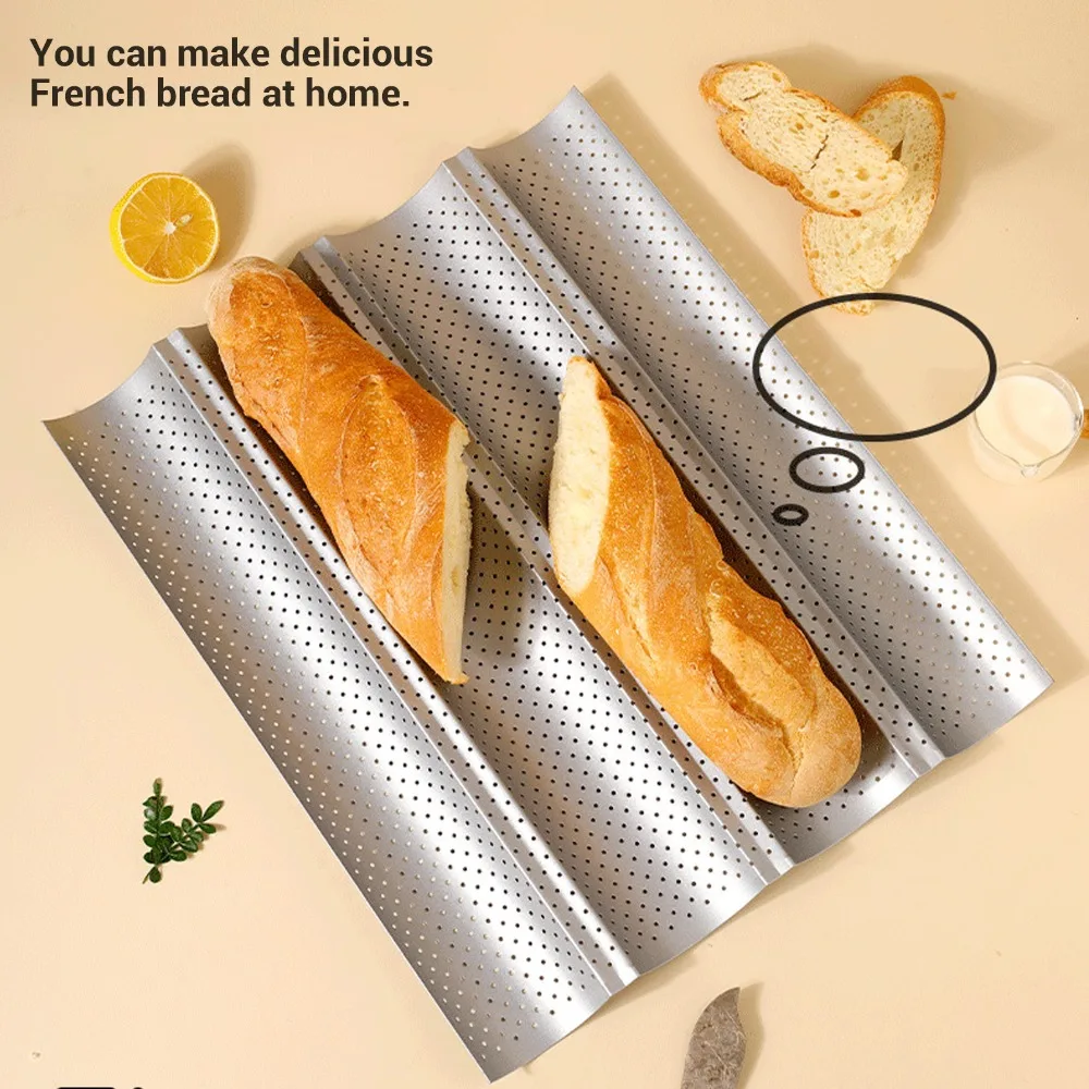 2PCS Carbon Steel Baguette Baking Pan Three Channel Nonstick French Bread Pan Perforated Rounded Corner Bread Baking Tray