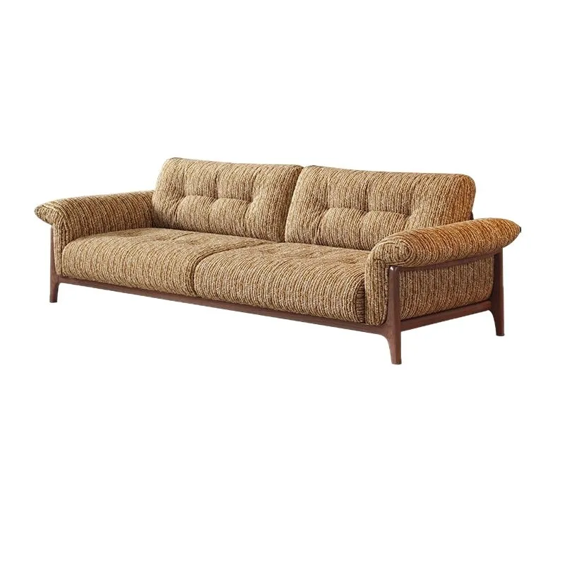 Fully removable and washable medieval sub-cotton and linen striped solid wood retro fabric sofa straight row living room small