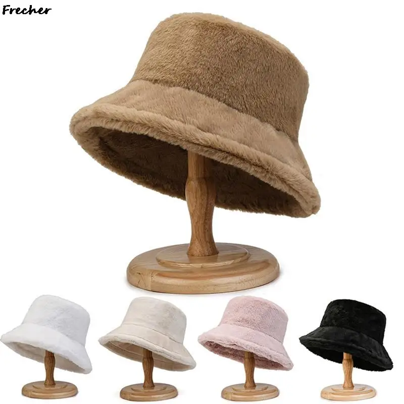 

Furry Plush Panama Cap Women Flat Top Bucket Hat Spring Winter Keep Warm Chapeau Wide Brim Casquette Hats Ladies Party Beanies