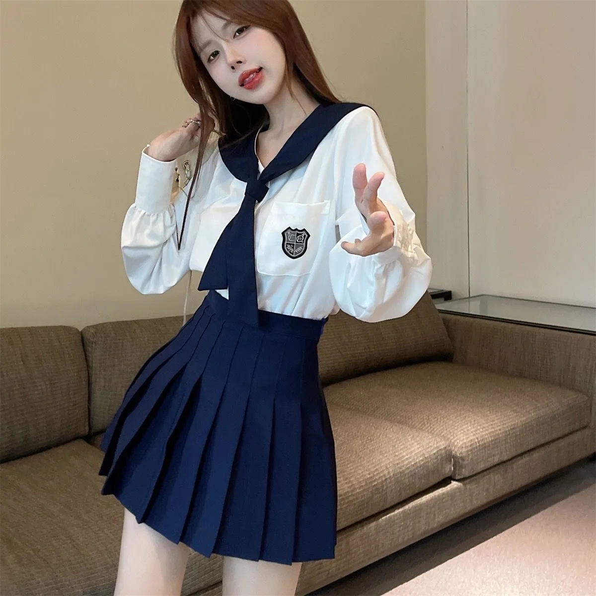 Long Sleeved Lantern Sleeve Preppy Style Korean Uniform Set Women Navy Collar Sailor Suit Navy High Waisted Pleated Skirt JK Set