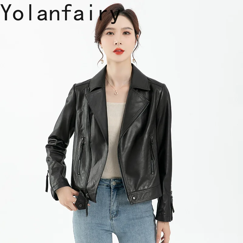 

YOLANFAIRY Genuine Leather Sheepskin Outwears Women Spring High-end Motorcycle Jacket Slim Fit Coats New Jaqueta Feminina