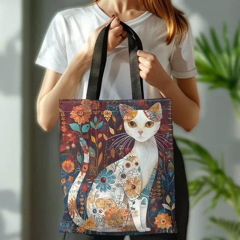 Charming Cat Print Tote Bag Shoulder Shopper Bags For Women Handbag Eco Foldable Reusable Shopping Bag
