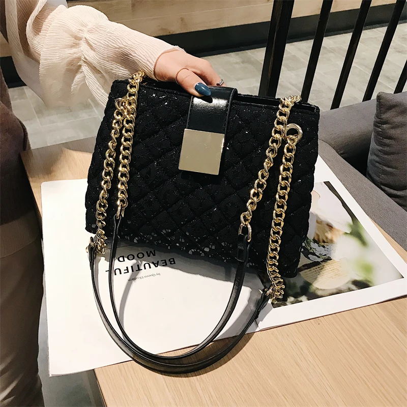 Lace Shoulder Bags For Women Diamond Pattern Chain Luxury Designer Handbag Multi Pockets Large Capacity Black Sling Tote Bag Sac