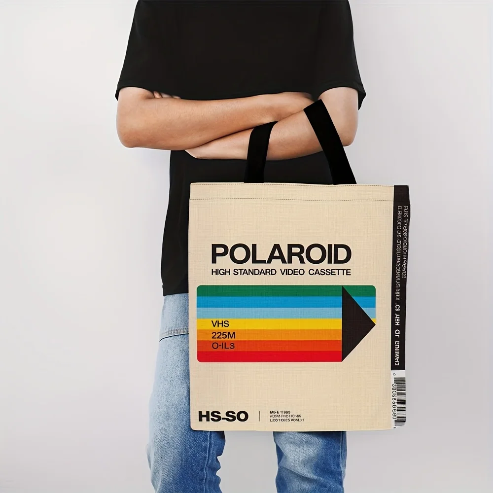 1 Stück Retro-Einkaufstasche mit VHS-Polaroid-Muster – robuste, wiederverwendbare Einkaufstasche aus Polyester, zum Einkaufen, für den Freizeitgebrauch – Ostern, Ramadan – Detail 3