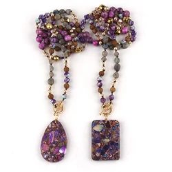 Fashion Bohemian Jewelry Accessory Purple Natural Stone Crystal Glass Knotted Necklace Stone Drop Pendant Necklaces For Women