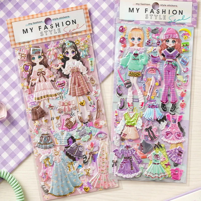1/4pcs 3D Fashion Girl Dress Up Stickers Cartoon Decorative Foam Bubble Stickers DIY Scrapbook Phone Case Colage Stickers Gifts