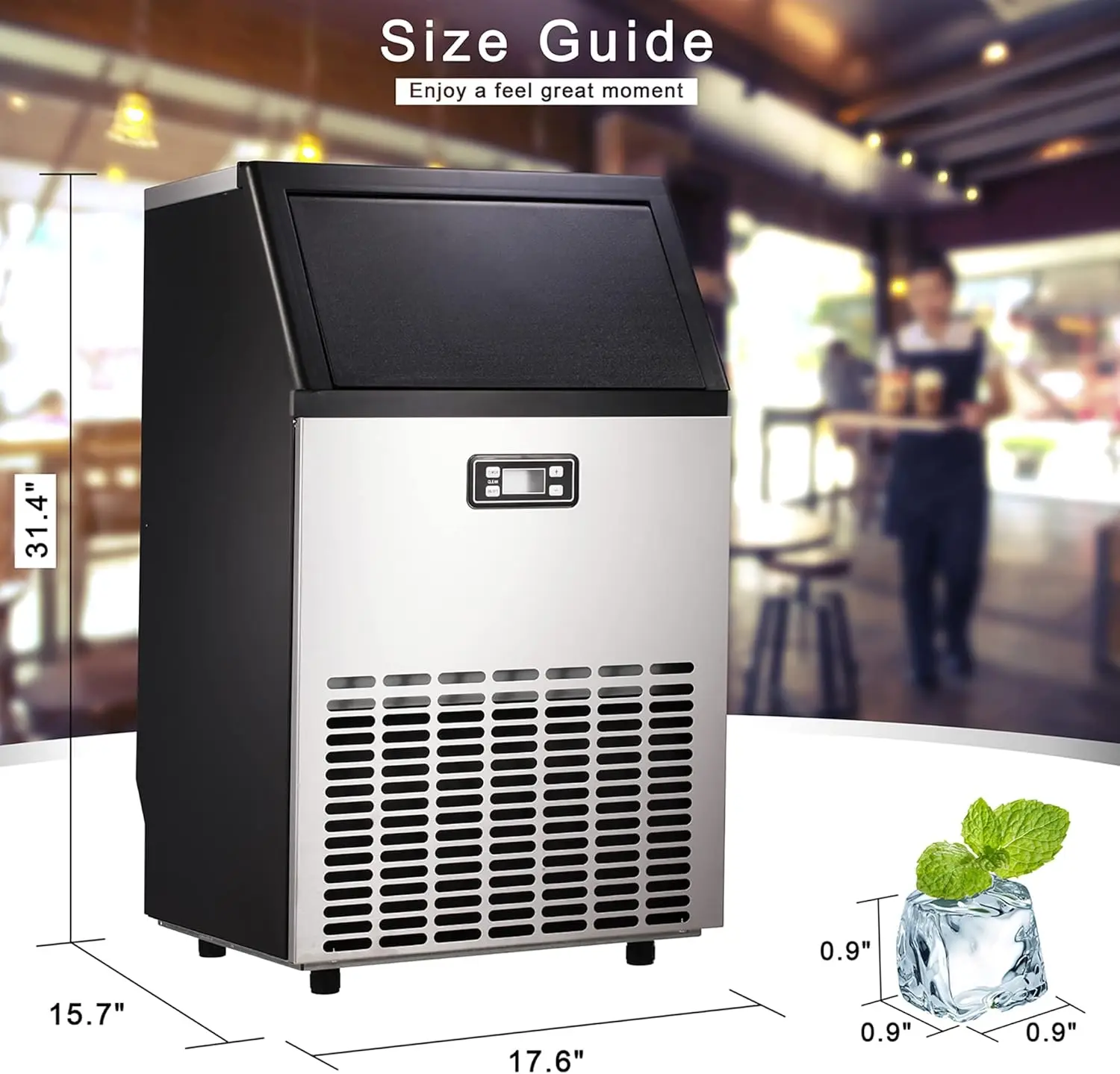 Ice Maker, 100Lbs/Day, Stainless Steel Ice Machine with 48 Lbs Capacity, Ideal for Restaurant, Bars, Home