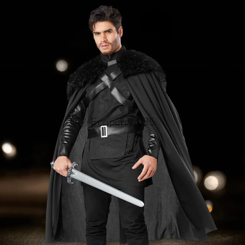 Halloween Party Costumes for Men Renaissance Northern Warrior Cosplay Black Knight Costume Set Top+ Belt+Cloak Uniform for Male