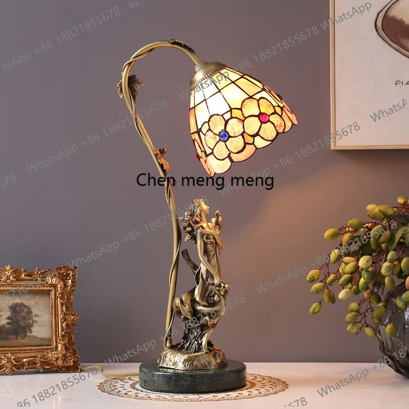 

Shell copper table lamp American brass marble base European style living room bedroom study retro lamp
