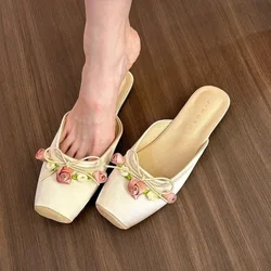 Women Fashion Flat Single Shoes Feamle Spring Elegant Flower Flat Loafers Soft Sole Ladies Casual Half Slippers Zapatos Mujer