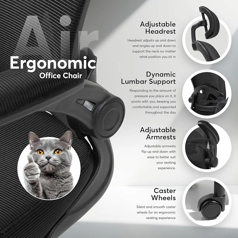 Ergoair Ergonomic Office Chair – Adjustable Lumbar Support, Flip-Up Armrests, Mesh Computer Desk Chair, Swivel Rolling