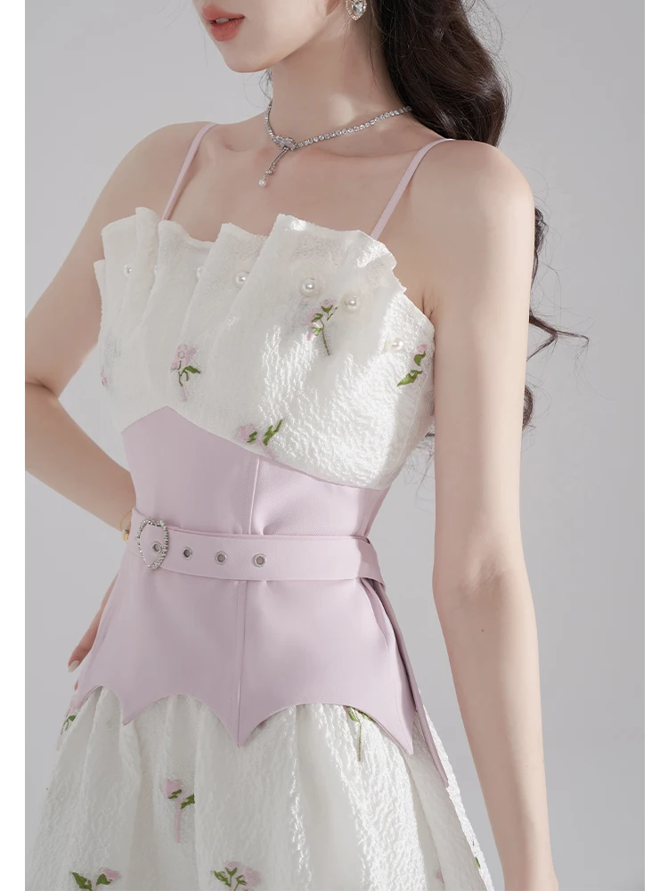 2024 Summer Embroidered Jacquard Big Pearl Sleeveless off-Neck High Waist Belt Slim-Fit Sweet Girl Casual Sling Dress Women