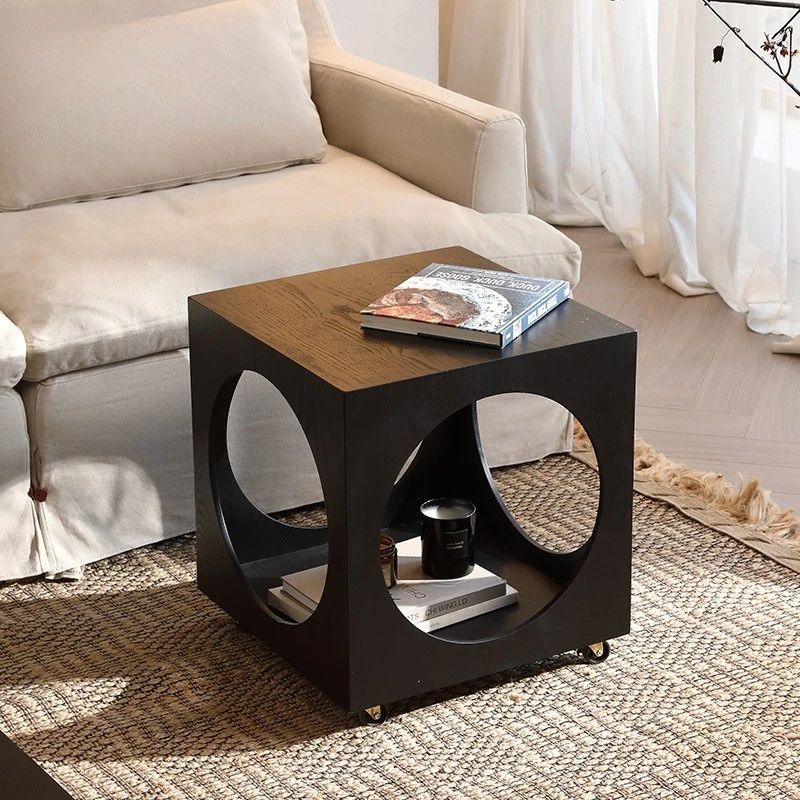 

Nordic style solid wood hollow sofa side table medieval movable small coffee table bedroom black