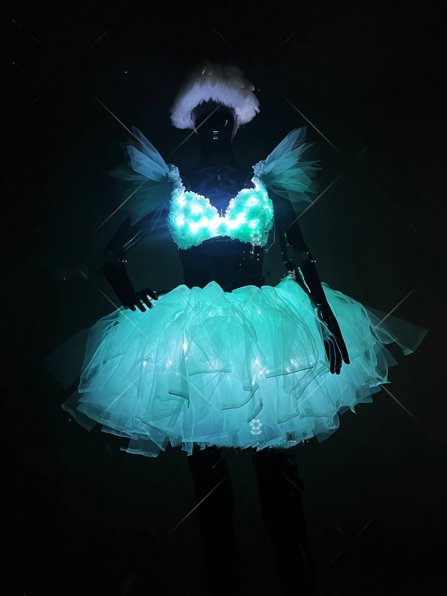 LED Luminous Puffy Gauze Bikini Skirt Outfits Sexy Bar Stage Costume Mint Green Female Singer Dance Team Performance Clothes