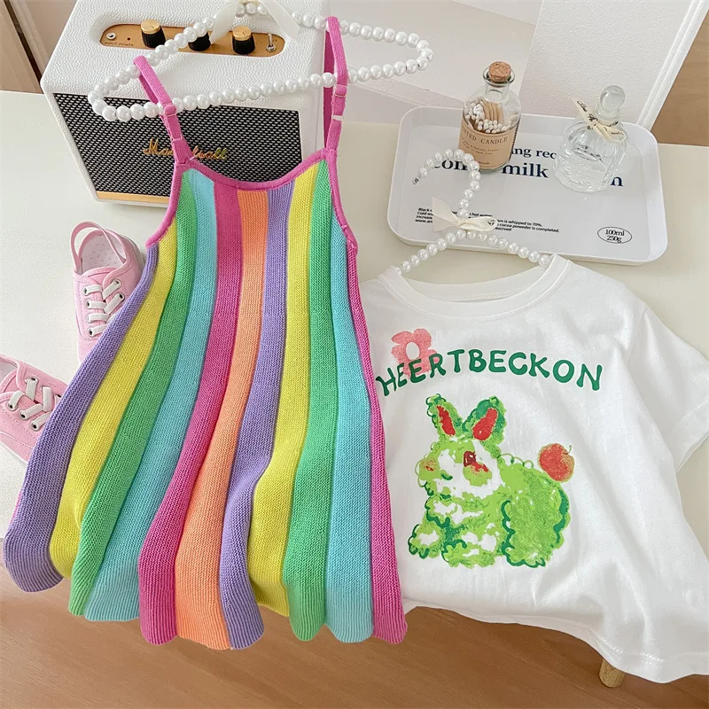 HoneyCherry Girls Summer Fashion Rainbow Color Sling Dress Girls Cartoon T-shirt with Candy-colored Dresses