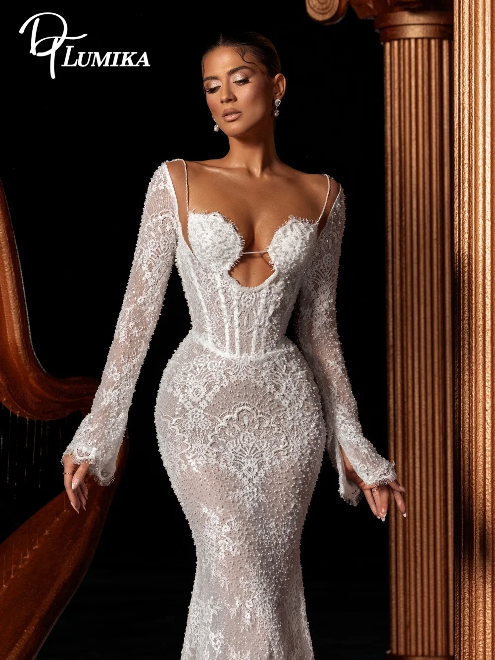 

Gorgeous Sheer Sleeve Wedding Dress 2026 Luxury Deep V 3D Lace Bridal Gown Mermaid Floor-Length Bridal Dress robe de mariée